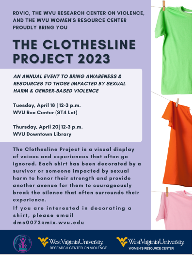clothesline project with shirts hanging on right side of pic